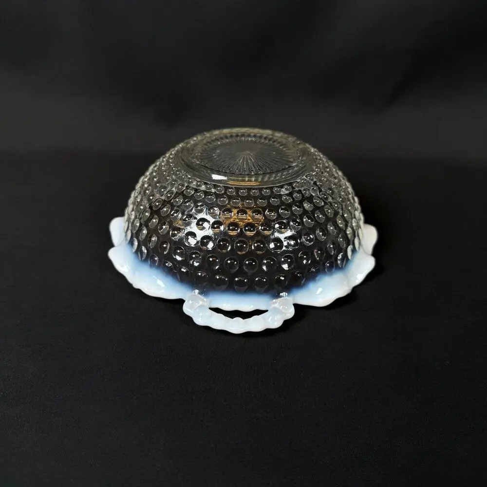 Vintage Anchor Hocking Hobnail Moonstone Opalescent Ruffled Glass Bowl w Handles